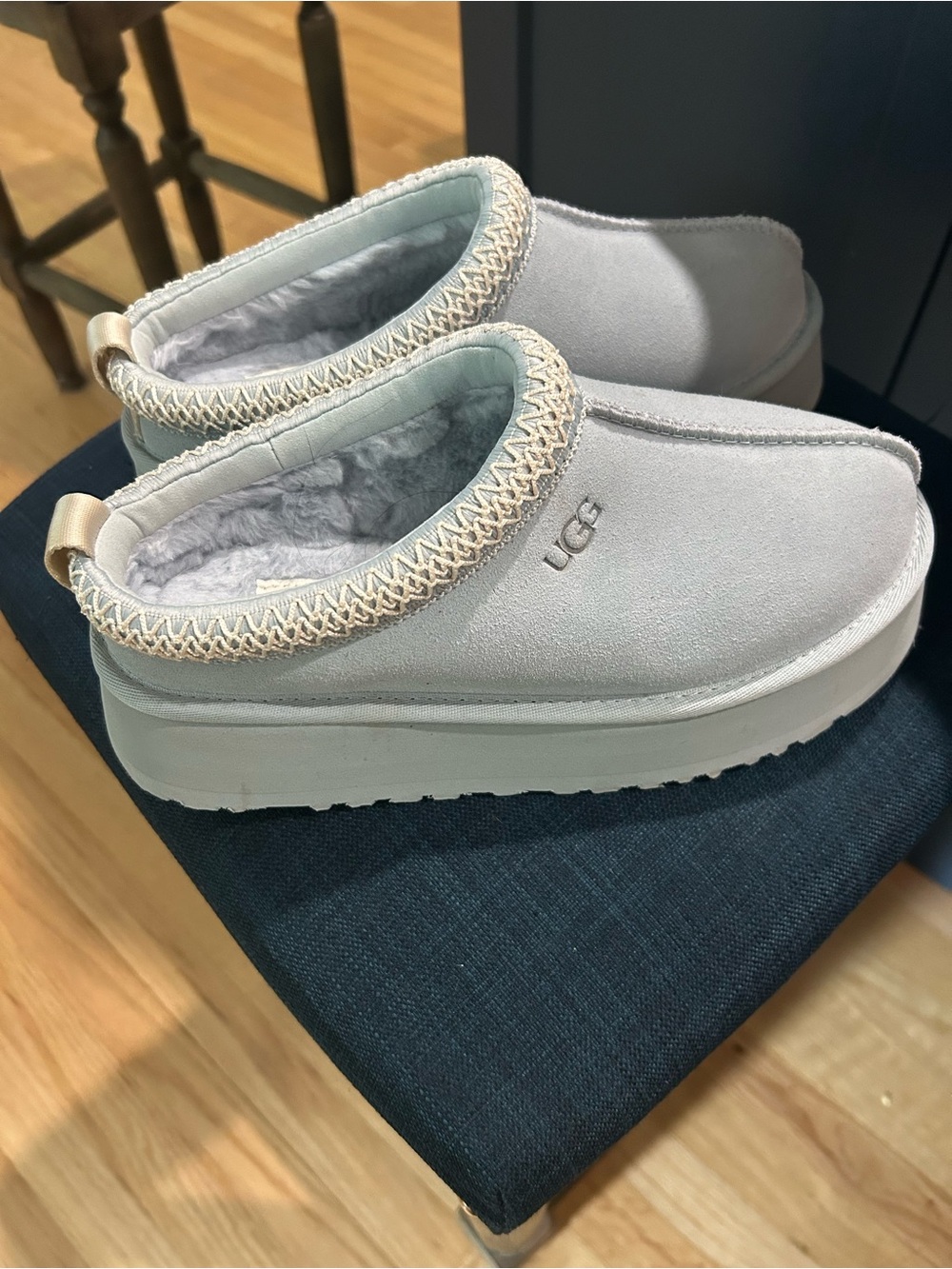 UGG Light Gray Shearling Slip-On Platform Mules